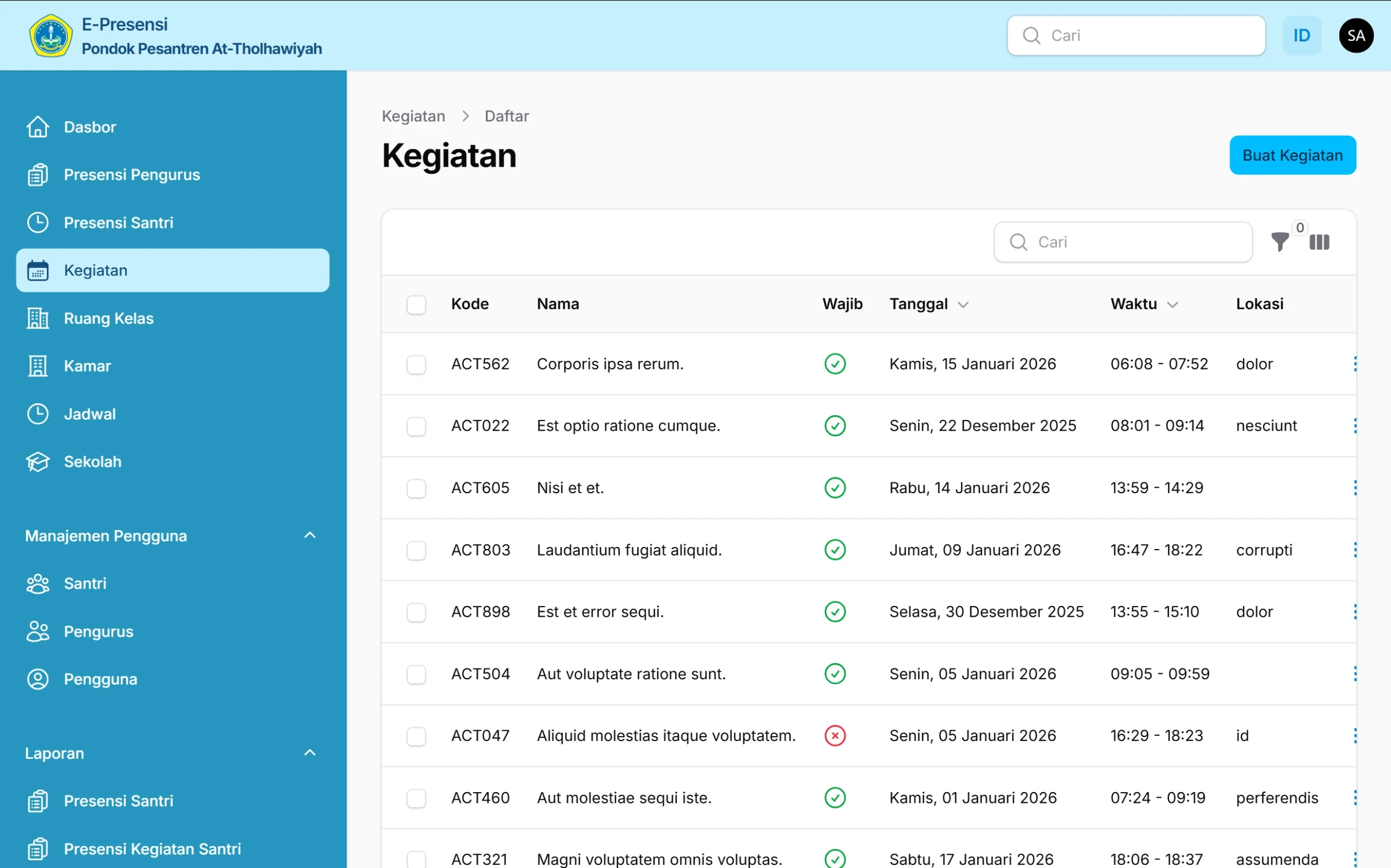 Tampilan halaman Kegiatan pada sistem E-Presensi Pondok Pesantren At-Tholhawiyah di layar laptop, menampilkan daftar kegiatan dengan kode, nama, status wajib, tanggal, waktu, dan lokasi, serta menu navigasi di sisi kiri.