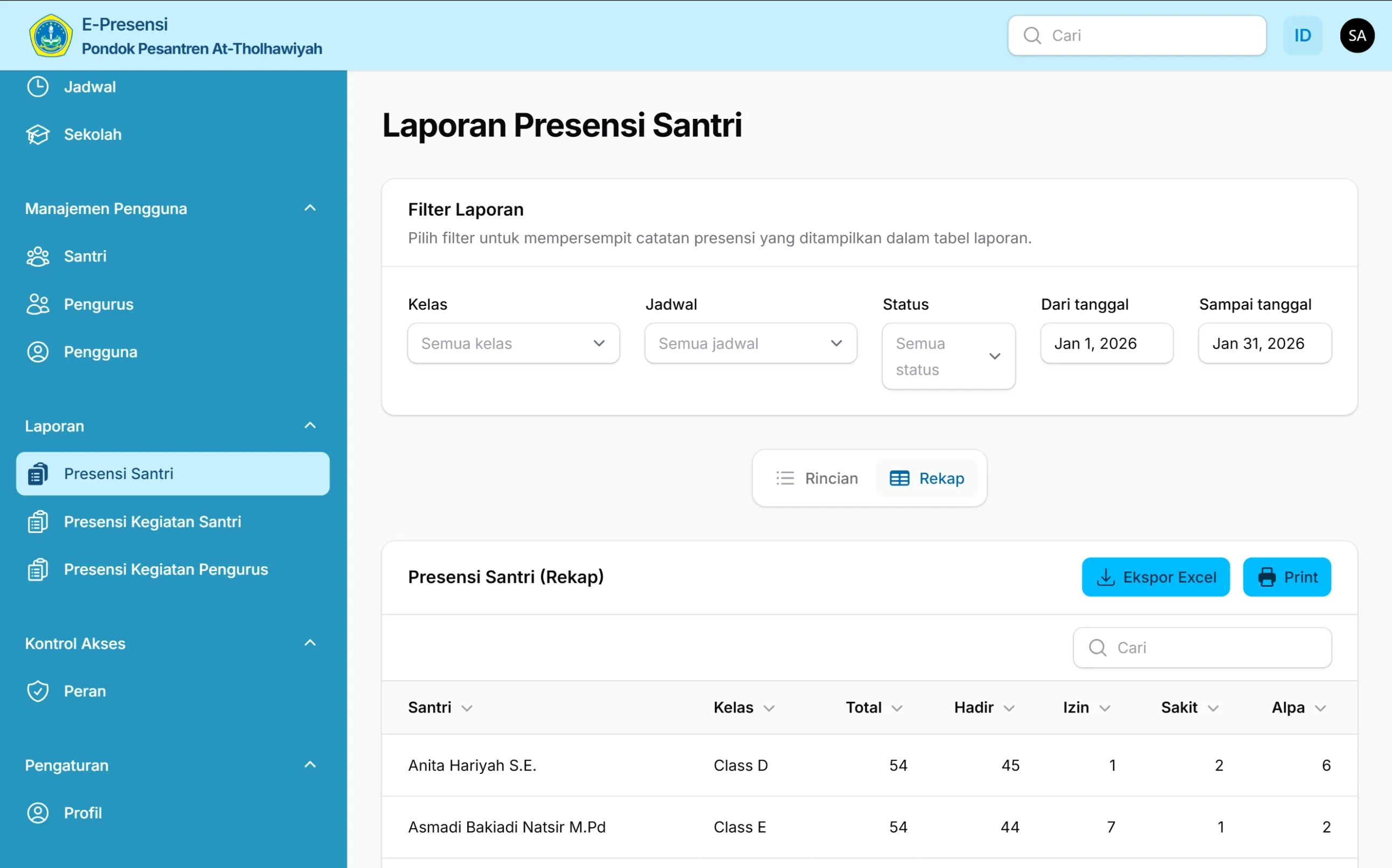 Tampilan halaman Rekap Laporan Presensi Santri pada sistem E-Presensi Pondok Pesantren At-Tholhawiyah di layar laptop, menampilkan filter laporan, tabel rekap kehadiran santri, serta opsi ekspor Excel dan cetak laporan.