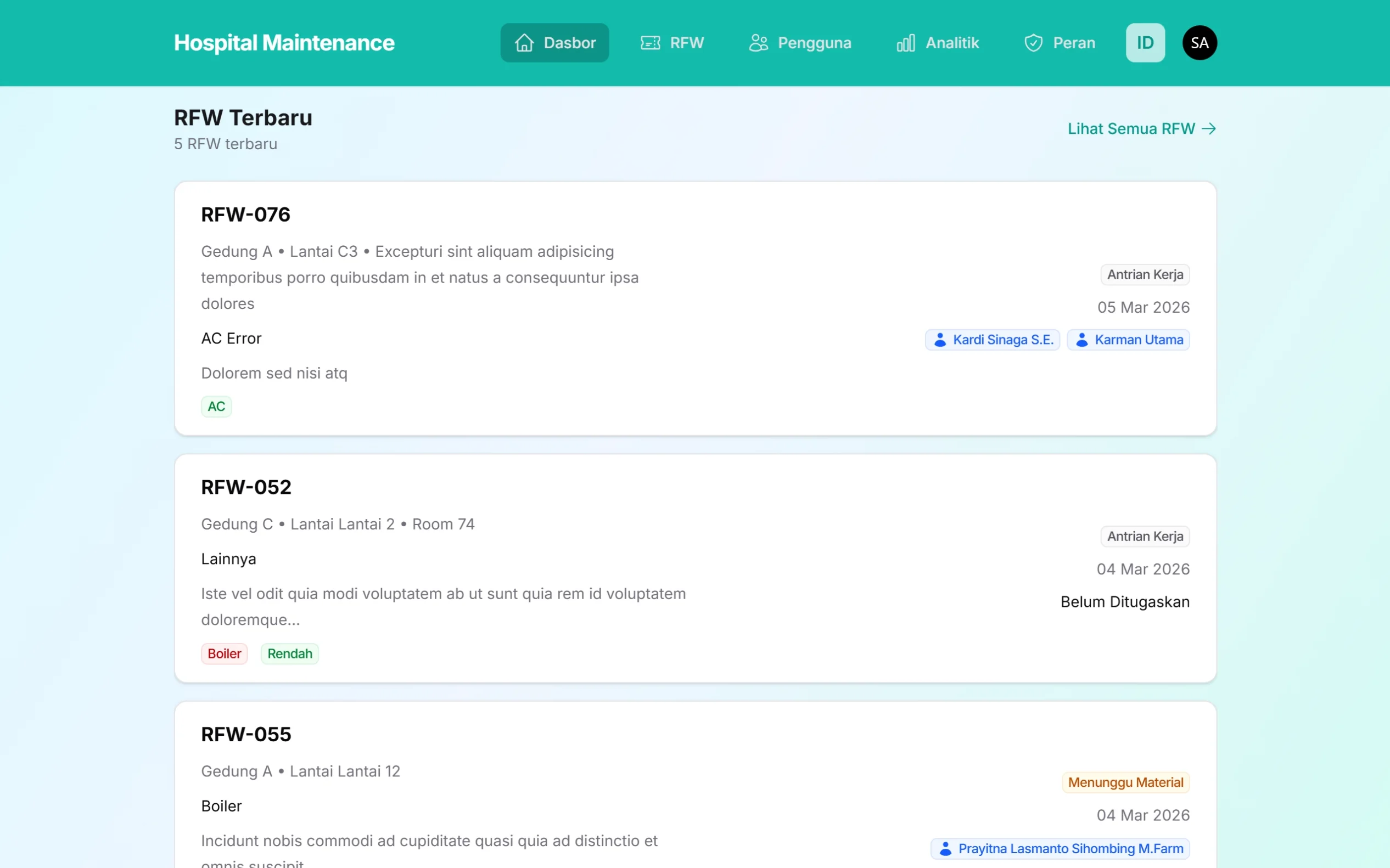 Tampilan bagian RFW Terbaru pada halaman Dasbor Hospital Maintenance System di layar laptop, menampilkan daftar laporan maintenance terbaru beserta lokasi, kategori masalah, status pekerjaan, tanggal laporan, dan teknisi yang ditugaskan.