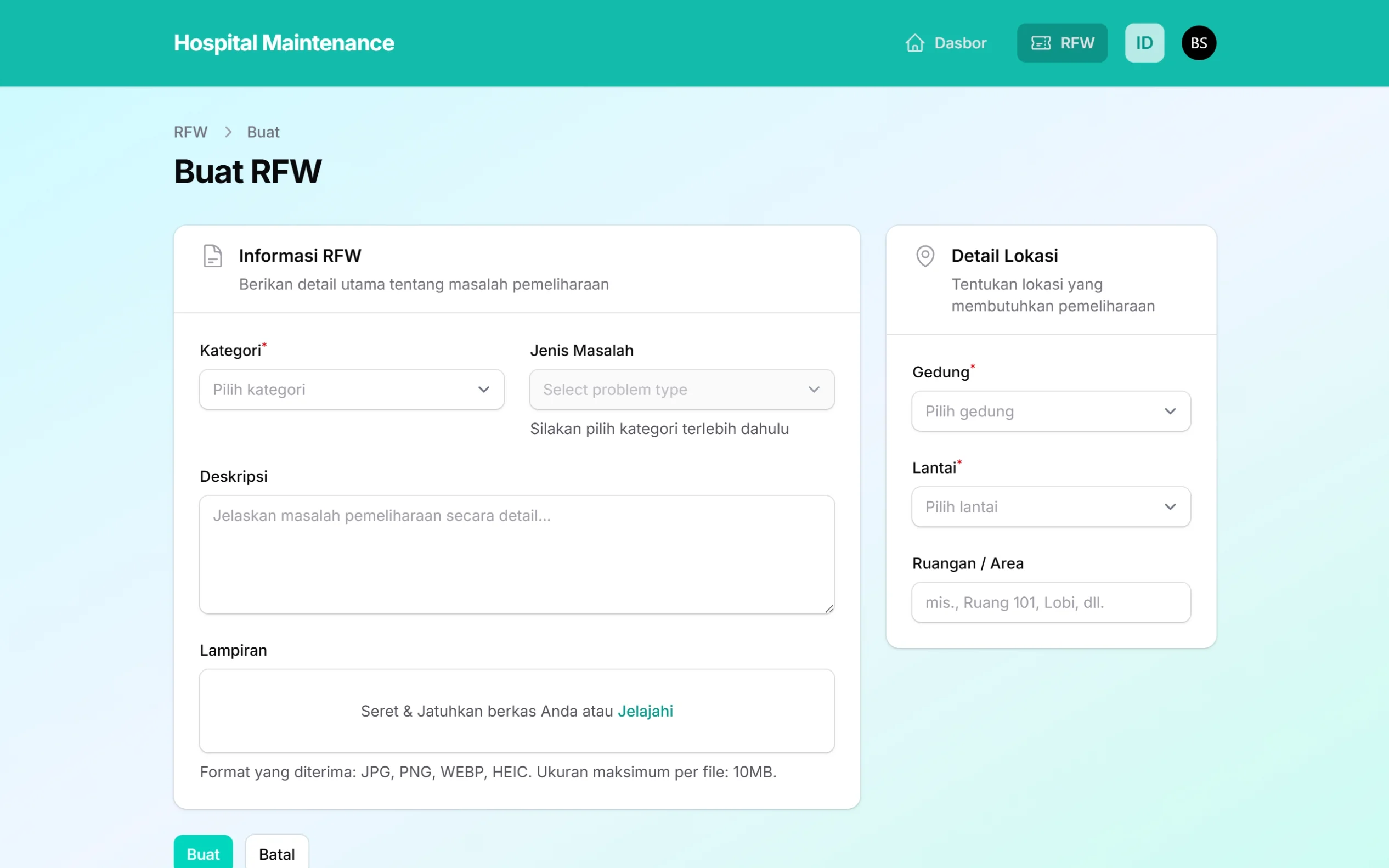 Tampilan halaman Buat RFW pada Hospital Maintenance System untuk peran staff di layar laptop, menampilkan formulir pelaporan maintenance yang berisi kategori, jenis masalah, deskripsi, lampiran, serta detail lokasi seperti gedung, lantai, dan area.